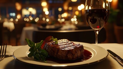 Gourmet Steak Dinner with a Glass of Red Wine on an Elegant Table