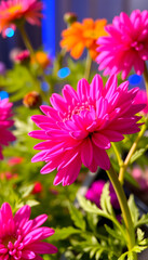 Obraz premium Bright plant flower blossom blooming chrysanthemum floral background nature beauty pink, glowing neon, with white tones