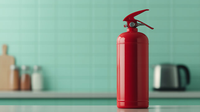 Red fire extinguisher set on kitchen counter, promoting safety and readiness for potential fire emergencies