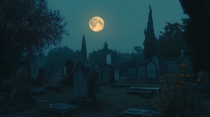 A moonlit graveyard scene at night with many tombstones