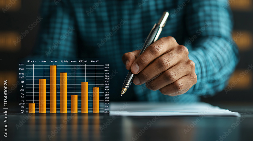 Poster business executive analyzing economic development data with pen, showcasing bar graph on document. f