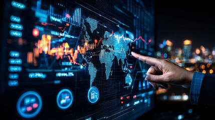 business intelligence analyst interpreting data trends on digital screen, showcasing global analytics and financial graphs. scene reflects modern, high tech environment