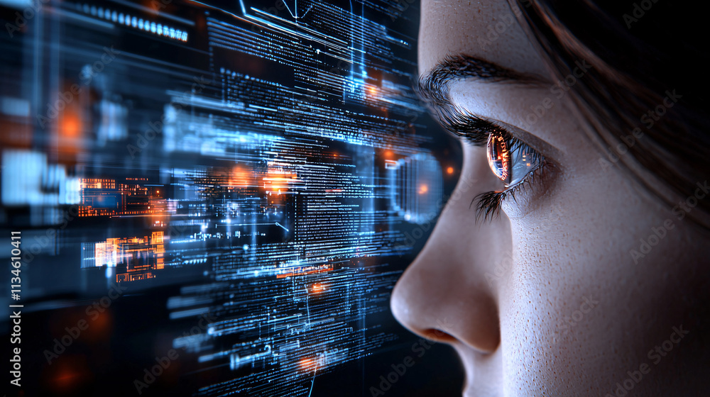 Poster image depicts close up of person eye, focused on digital data and analytics, conveying sense of enga