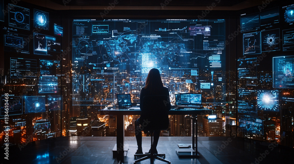 Poster business leader analyzing real time data analytics in modern office with city views. high tech envir