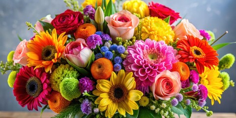 Obraz premium Vibrant bouquet of assorted flowers, floral arrangement, blooming, colorful, gift, celebration, nature, beauty, petals