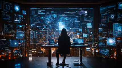 business leader analyzing real time data analytics in modern office with city views. high tech environment showcases multiple screens displaying data visualizations