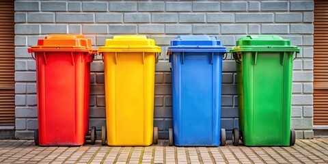 A stock photo of segregated garbage bins for recycling and waste management , garbage, segregated, bins