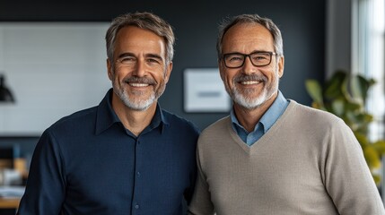 Two friendly men pose for a picture in a contemporary office environment filled with natural light