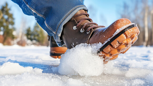 A close-up of a brown hiking boot stepping on snow, with snowflakes and ice around. The background features trees and a clear blue sky, indicating a winter setting. - Powered by Adobe