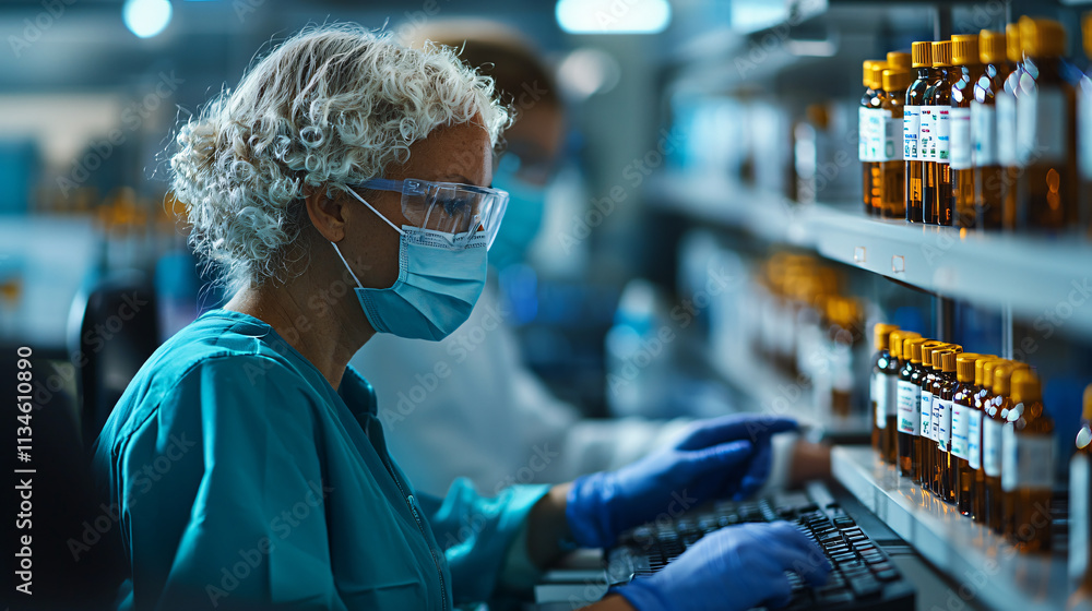 Poster healthcare professional wearing mask and goggles works in laboratory, typing on keyboard while monitoring vials on shelf. environment is focused and clinical