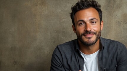Obraz premium Man with a friendly smile and stylish casual attire poses against a muted backdrop in a warm setting