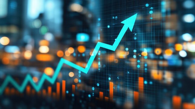 Data visualization represents a significant increase in stock market values amid urban lights