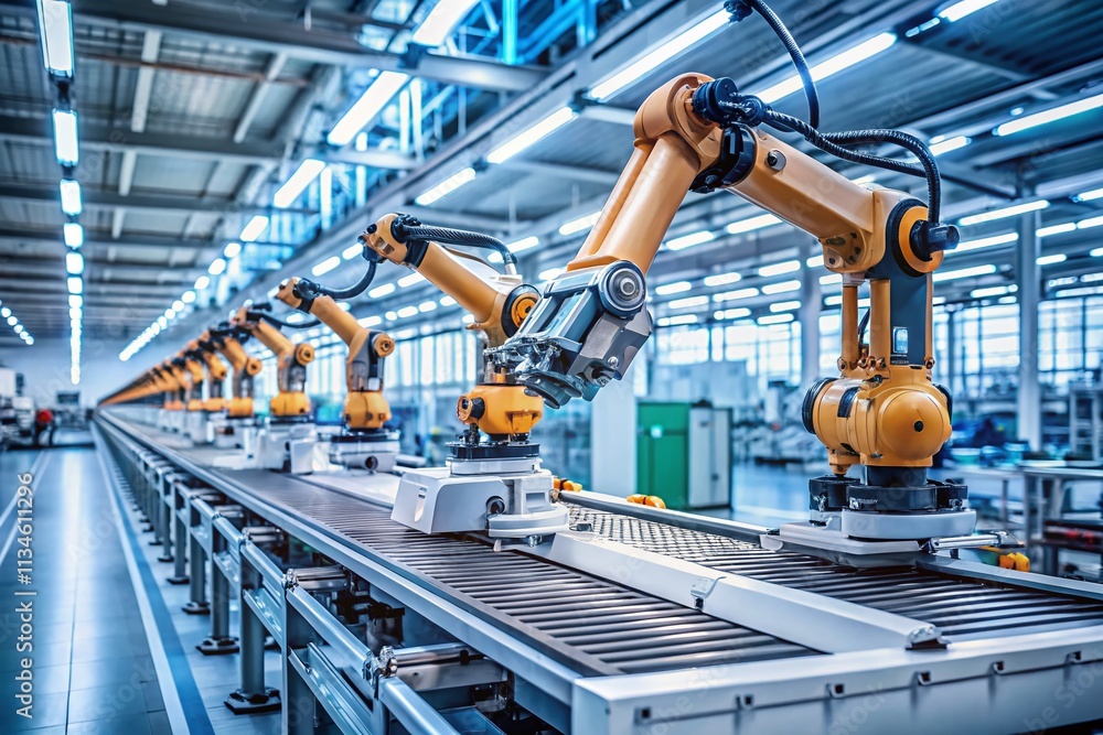Poster advanced robotic arm conveyor line in high-tech manufacturing of electronic devices for the informat