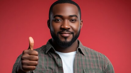 Man with beard smiles and offers thumbs up in a vibrant red studio background, exuding positivity