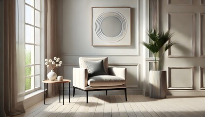 Minimalist Modern Room with Round Art and Sunlit Window.