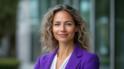 Confident woman in a purple blazer poses outdoors in front of large glass windows, showcasing professionalism
