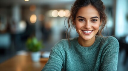 Young woman with a warm smile sits at a cafe table, radiating positivity and joy in a casual atmosphere