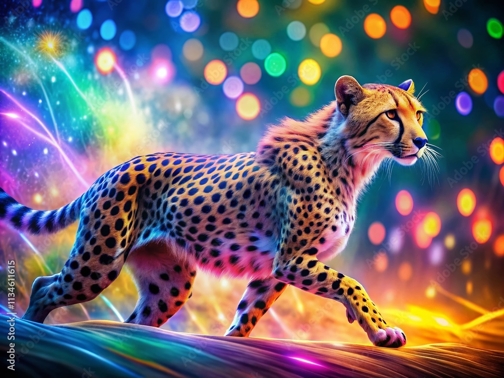 Poster a dynamic cheetah pulsing in neon colors surrounded by a stunning bokeh effect, creating a mesmerizi
