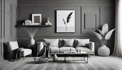 Monochromatic Interior: A Gray-Scale Living Room with Couch, Chair, and Minimalist Decorations.
