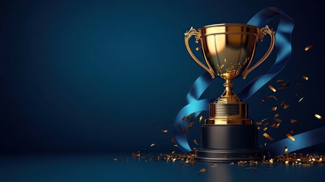 A shiny gold trophy stands proudly on a dark surface with a blue ribbon and colorful confetti