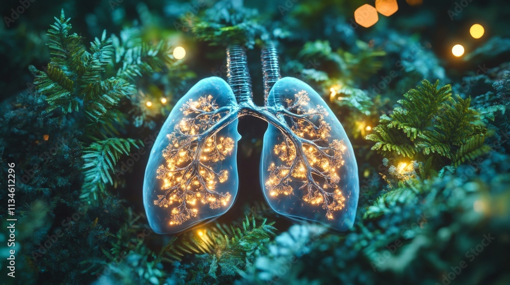 Poster Lungs with Glowing Tree Structures Surrounded by Nature Elements