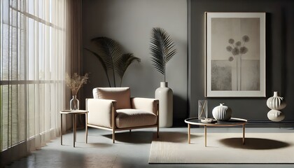 Minimalist Beige Interior: Modern Armchair and Neutral Decor.