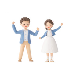 Cheerful couple celebrating a moment of joy with raised arms and smiles., isolated on a transparent background.