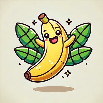 cute happy smiling comic banana with leaves on a white/ light background