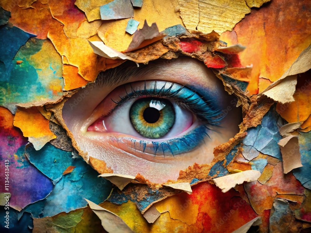 Poster aerial perspective of an eye through torn paper illustrating insight and perception in a unique arti