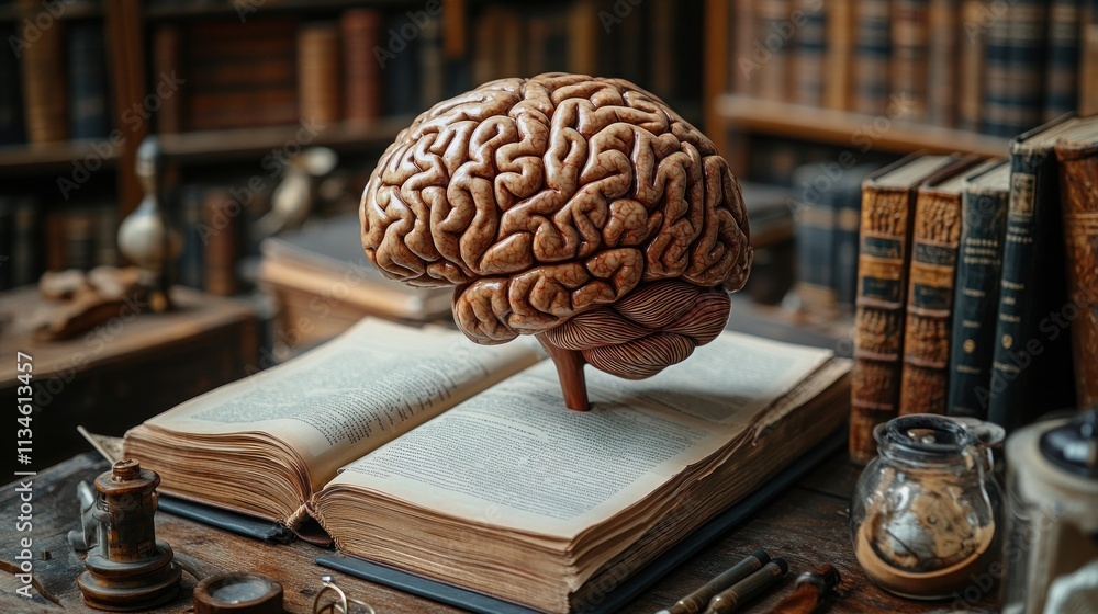Aufkleber a brain model on an open book in a library setting, symbolizing knowledge and learning.