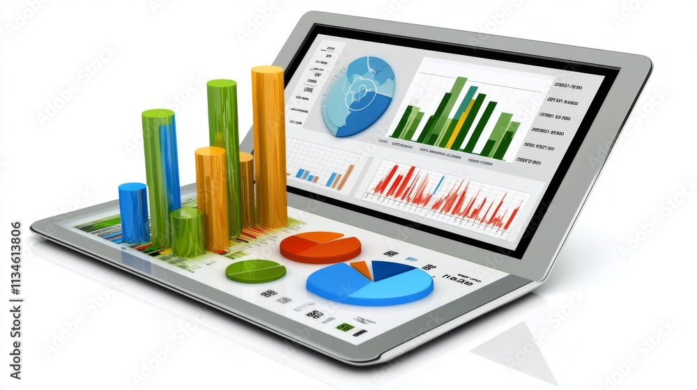 Poster colorful data visualization on laptop screen showing insights