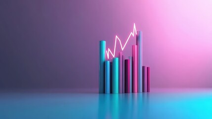 Abstract 3D bar chart with upward neon trend line, reflecting on glossy surface.
