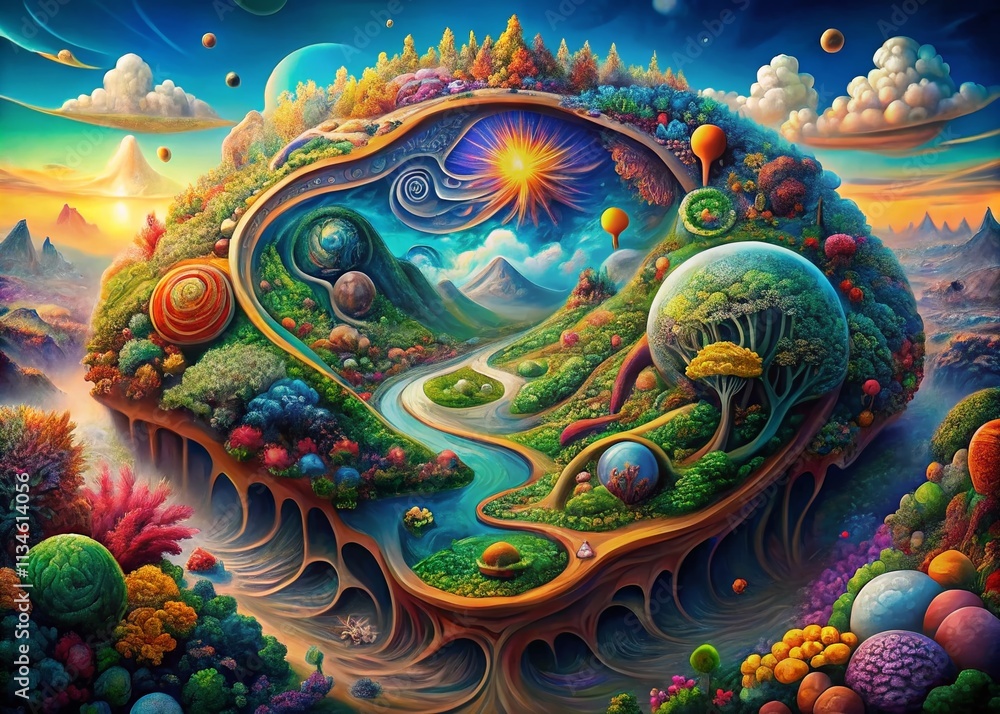 Poster aerial photography of a colorful brain landscape, showcasing the unleashing of creativity and imagin