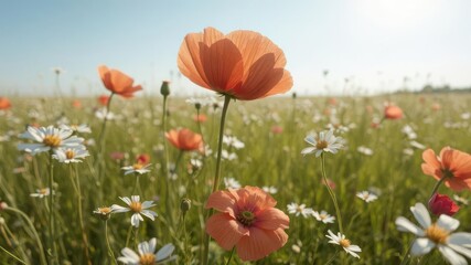 Fototapeta premium Delicate poppy and chamomile blossoms, sunlit field, field, white