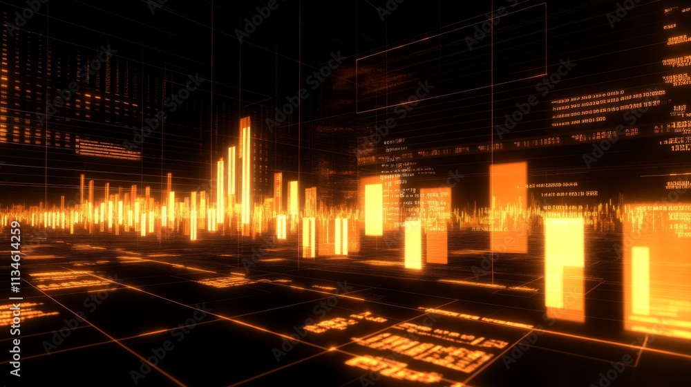 Poster dynamic data visualization with orange graphs and digital elements