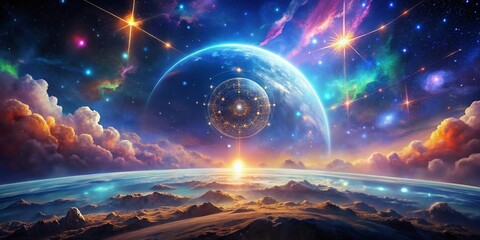 Aerial Photography of a Futuristic Outer Space Background Featuring Zodiac Horoscope Astrology Symbols, Perfect for Astrology Enthusiasts and Cosmic Themed Projects