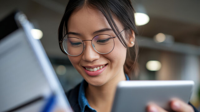 A focused Asian woman in her twenties smiles while reviewing notes and a digital tablet, showcasing a blend of traditional and modern study methods. - Powered by Adobe
