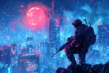 Cyberpunk Soldier Under Blood Moon