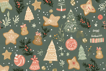 A festive pattern featuring Christmas trees, ornaments, and gingerbread cookies.