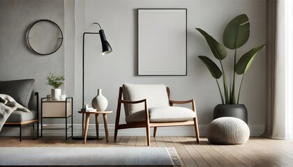 Minimalist Living Room with Wooden Accents and Plants.