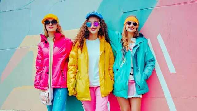 Three young girls dressed in colorful, trendy outfits enjoying the city