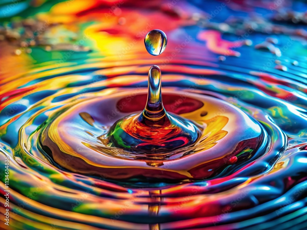 Poster aerial photography of a single drop of liquid splashing on a colorful background, capturing the intr