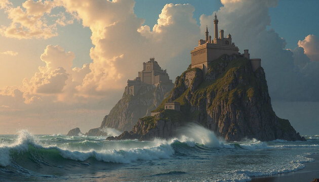 Majestic castle on rocky island surrounded by ocean waves - Powered by Adobe