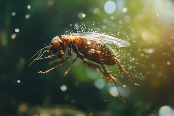 Naklejka premium Brown insect, translucent wings, water droplets, blurry background.
