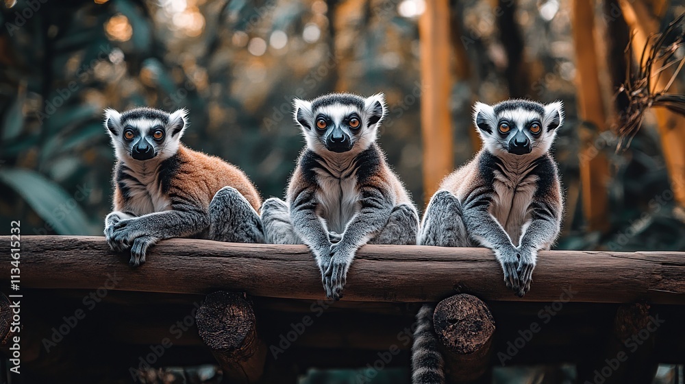 Sticker Three ring-tailed lemurs sitting side-by-side on a wooden log, staring directly at the camera, in a lush green forest setting.