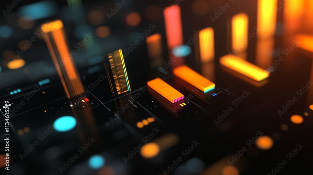 Poster colorful data visualization with bars and circles on a dark background