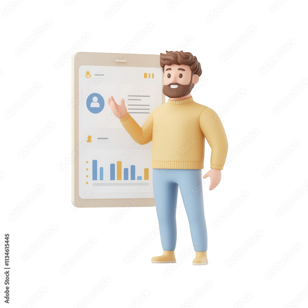 Poster a professional man presenting data on a tablet, showcasing analysis and insights visually., isolated