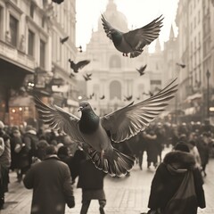 Obraz premium A bustling street scene with people and pigeons in flight, creating a lively urban atmosphere.