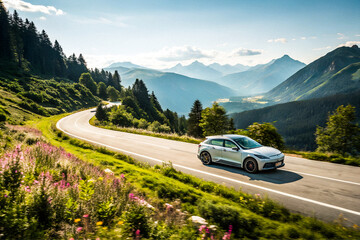Modern Electric Car Driving Along Scenic Mountain Roads in Summer Sunshine