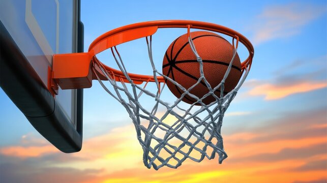 Basketball Swishing Through Hoop at Sunset with Vibrant Colors Creating a Stunning Visual Display Capturing the Energy and Excitement of the Game